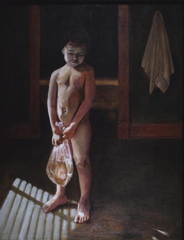 small nude boy holding a goldfish in a bag