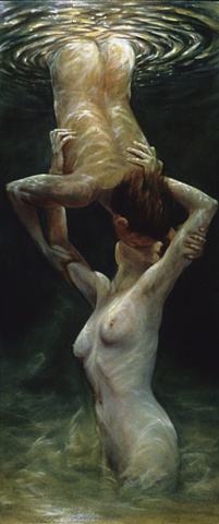 Two nude figures kissing under water - male suspended & female growing up.