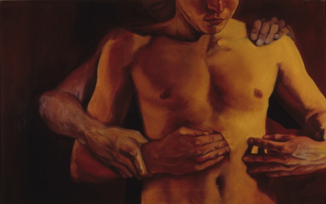 male torso, figure putting fingers in wound guided by hands of figure from behind