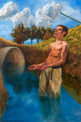 shirtless young man stands in an irrigation ditch with eyes closed holding a dowser's rod