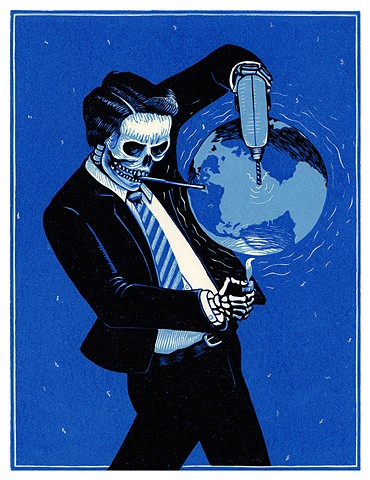 skeleton in a business suit drilling, sucking and burning the world