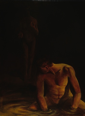 A kneeling nude figure with hands in water looks over his shoulder at a figure approaching out of the darkeness