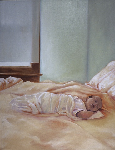 baby sleeping in a light filled room