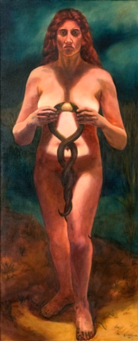 nude woman holding two snakes by the neck as they try to eat an egg