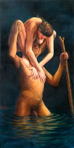 nude male figure with nude female figure on shoulders crossing water