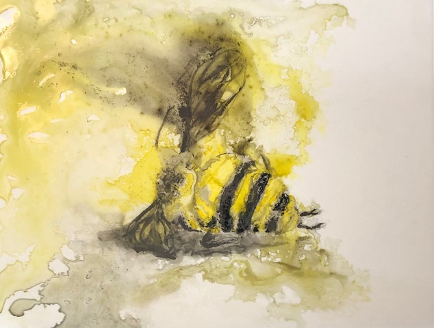 Dead bee, ink painting, Yupo