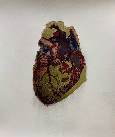 human heart, gold leaf, screen print, ink