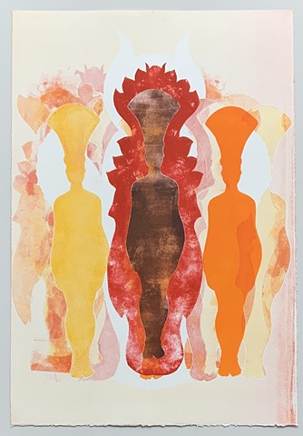 Isis goddess brown red attendants yellow and orange monotype print