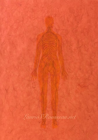 Drawing of nervous system on mulberry paper with collage figure