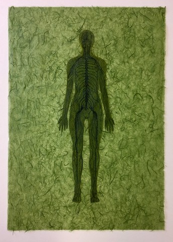 Drawing of nervous system on mulberry paper with collage figure