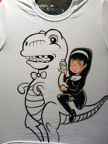 Nun Riding A T-Rex holding a Cupcake