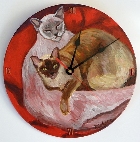 Burmese Cats on Red Cushion Clock