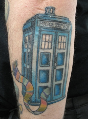 Peter McLeod Tattoo Traditional Doctor Who Tardis Tom Baker Scarf Tattoo