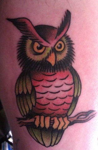 Peter McLeod Tattoo Traditional Owl on branch tattoo