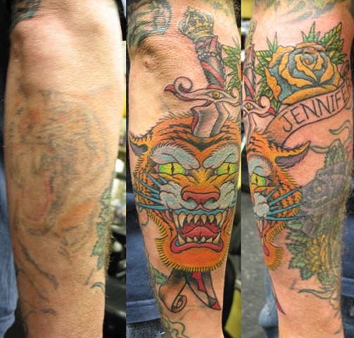 Peter McLeod Tattoo Traditional Tiger Tattoo cover up 