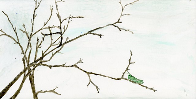 Grasshopper on branch watercolor on board