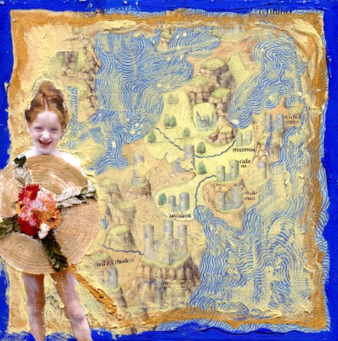 mixed media on wood with vintage photo & found map