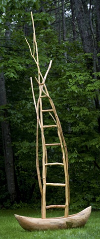 Wood sculpture of ladder and boat by Lin Lisberger