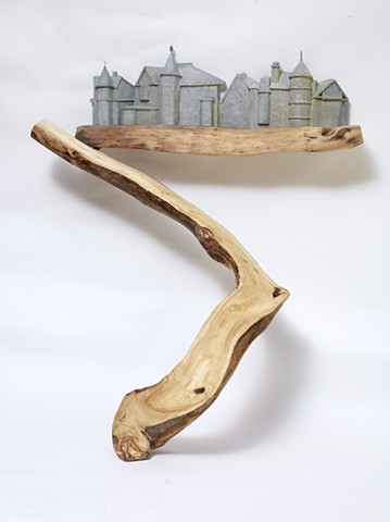 Carved and constructed wood sculpture about a Portland, Maine walk by Lin Lisberger
