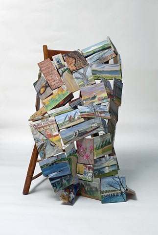 Wood sculpture with drawings about walks in Portland, Maine by Lin Lisberger in response to COVIC 19 quarantine