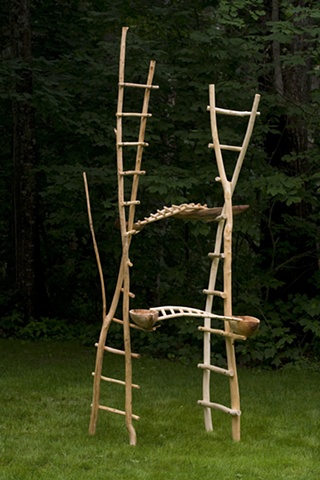 Wood sculpture of ladders, boats and bridges by Lin Lisberger