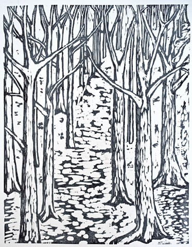 Woodblock print by Lin Lisberger about woods in Maine