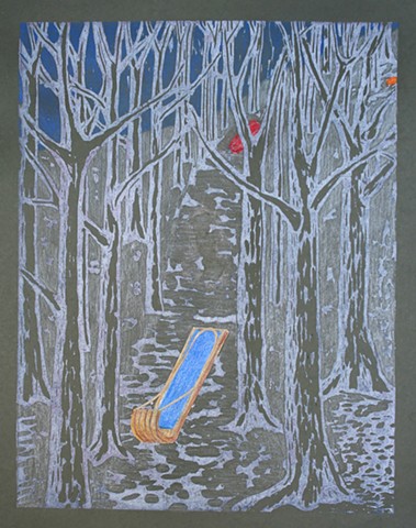 Woodblock print with collage and colored pencil by Lin Lisberger about sledding