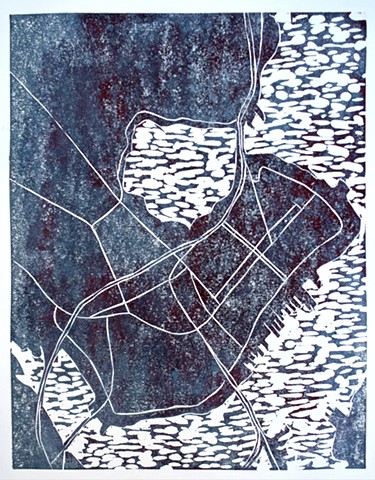 Woodblock print by Lin Lisberger of Portland, Maine map