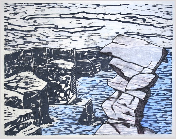 Woodblock print with collage and drawing by Lin Lisberger about The Cliffs of Moher in Ireland