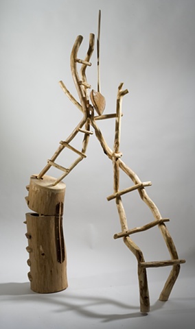 Wood sculpture with ladders by Lin Lisberger