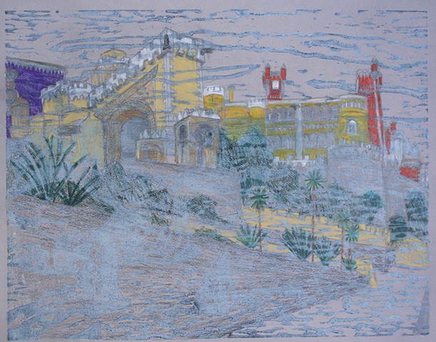 Woodblock print with colored pencil by Lin Lisberger about Pena Castle in Portugal