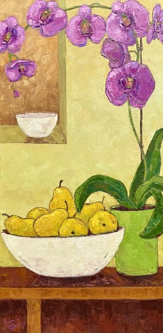 Still Life with Orchid, Bowl of Pears, Fuscia and Gold