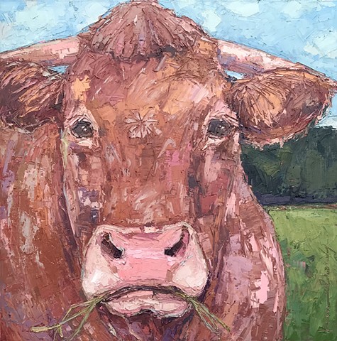 Brown Bull Painting, cow art, palette knife painting of a cow bull, oil & cold wax