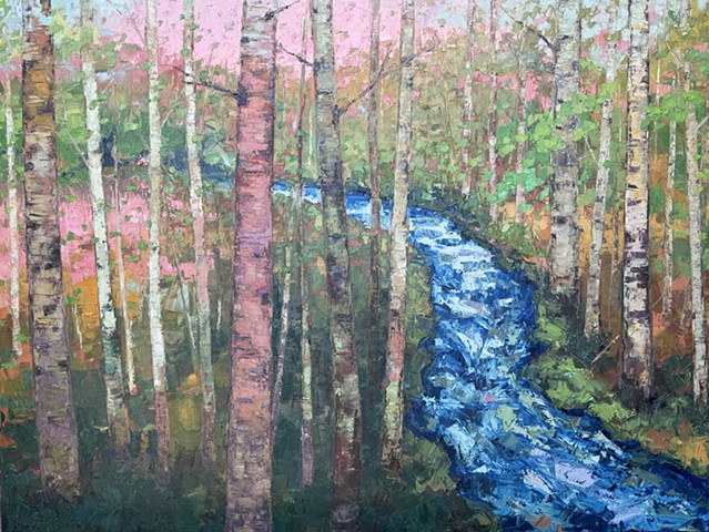 Birch forrest painting with a bubbling brook