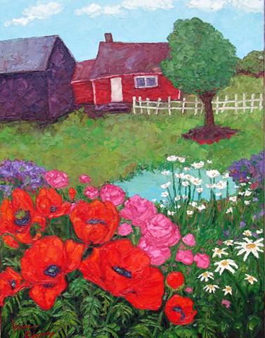 Farm scene with poppy patch