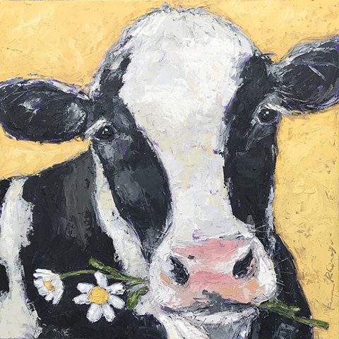 Black and white cow on yellow with daisies