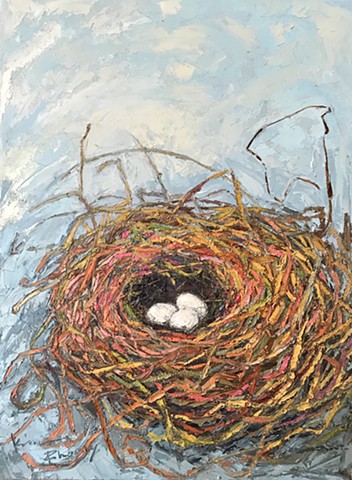 Bird nest art, neutrals and blue