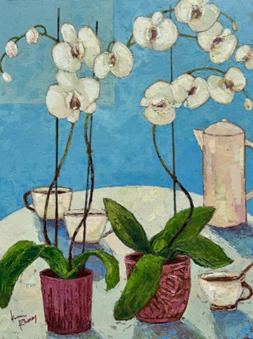 Two White Orchids with white coffee urn and cups in a still life