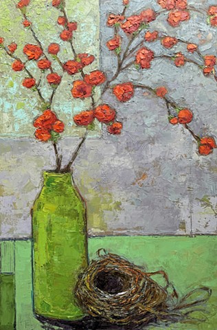 Still Life with Flowering Almond Branches, Blue Vase, and an Empty Birds Nest