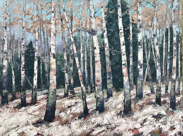 Oil and Wax painting of a birch stand in winter