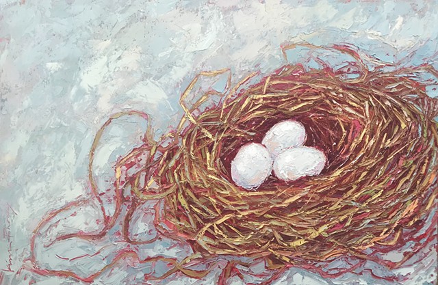 Original painting bird nest art oil & cold wax