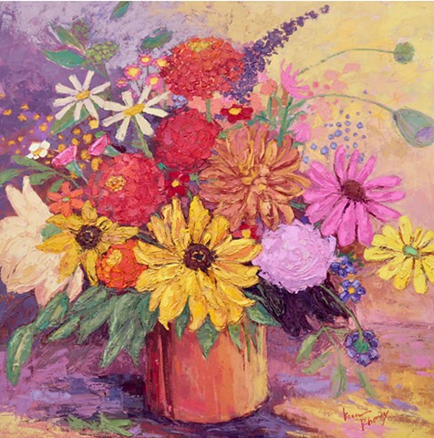 Mixed flower bouquet on yellow and purple