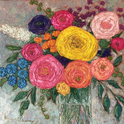 Floral Bouquet, open rose still life, oil & cold wax painting, knife painting 