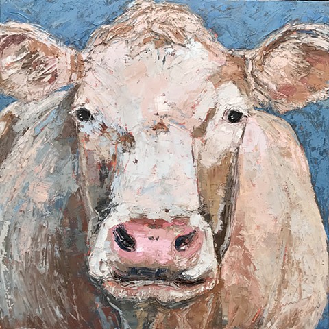 French White Cow Painting, large cow painting, oil painting, palette knife painting, cow art