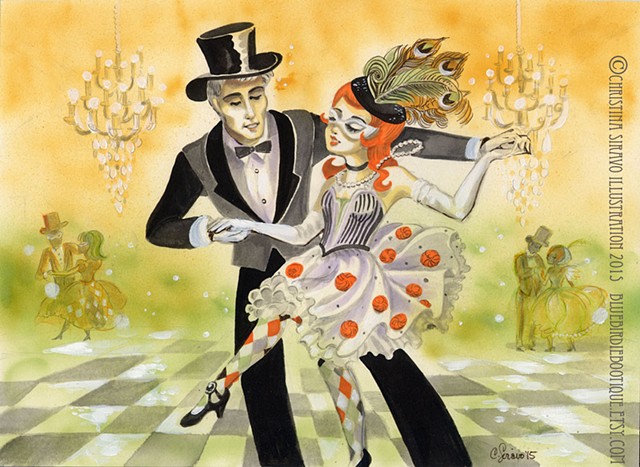 Enchanted masquerade, labyrinth ball, vintage art deco look and feel, harlequin and tuxedo costumes.