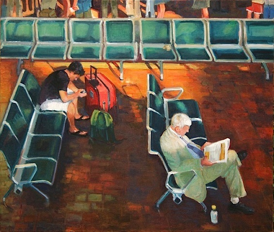 shelley lowenstein artist oil gesture figurative painting narrative two men waiting at Union Station washington, dc young old commuter traveler