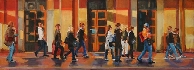 shelley lowenstein abstracted realism oil gesture figurative painting italy train station people walking to train