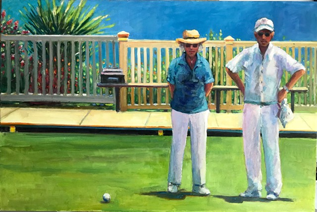 shelley lowenstein oil gesture figurative painting lawn golf