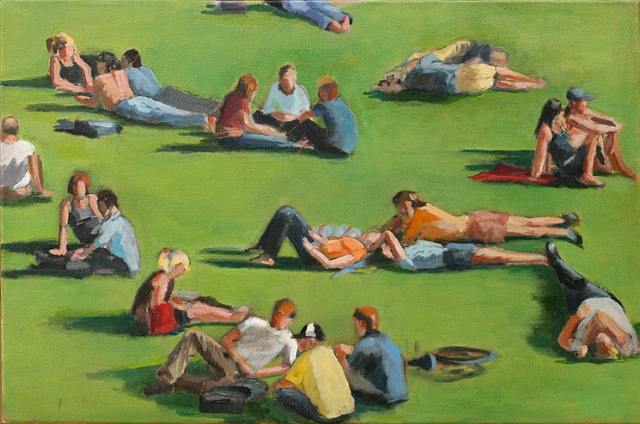 shelley lowenstein abstract realism oil gesture figurative painting lawn people on grass narrative sunny day