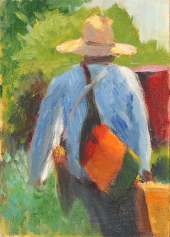 shelley lowenstein artist with messenger bag oil painting gesture study walking in garden